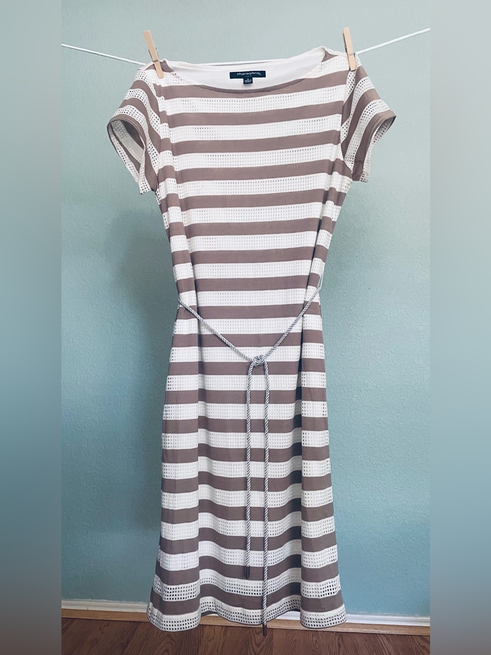 Striped Taupe and White Belted Knit Dress , perfect for Fall .